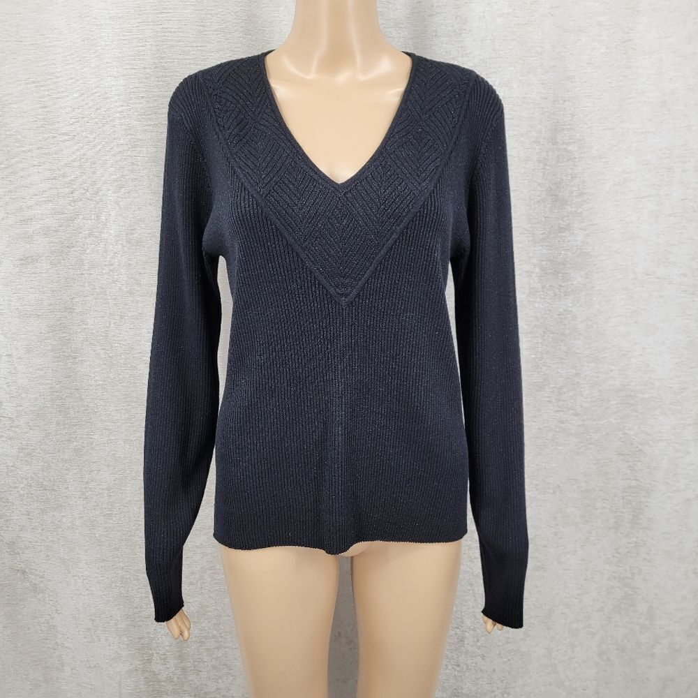 Liz Claiborne Silk Blend Metallic Black V-Neck Ribbed Knit Sweater